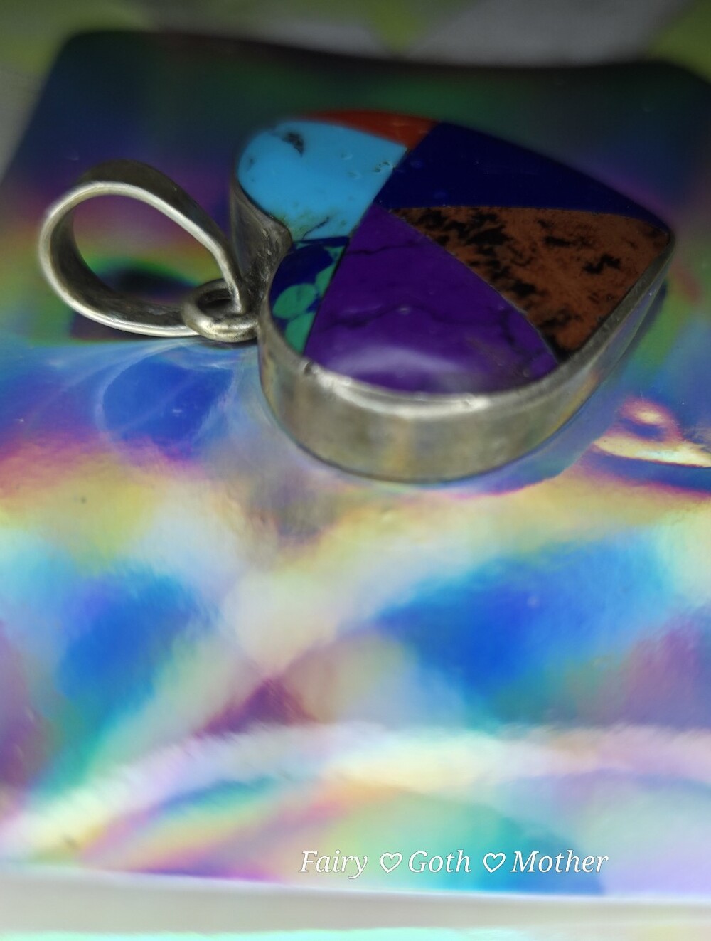 VTG Taxco Mexico 925 Sterling Silver Multi Stone Inlay Patchwork Heart Pendant - Picture 7 of 12
